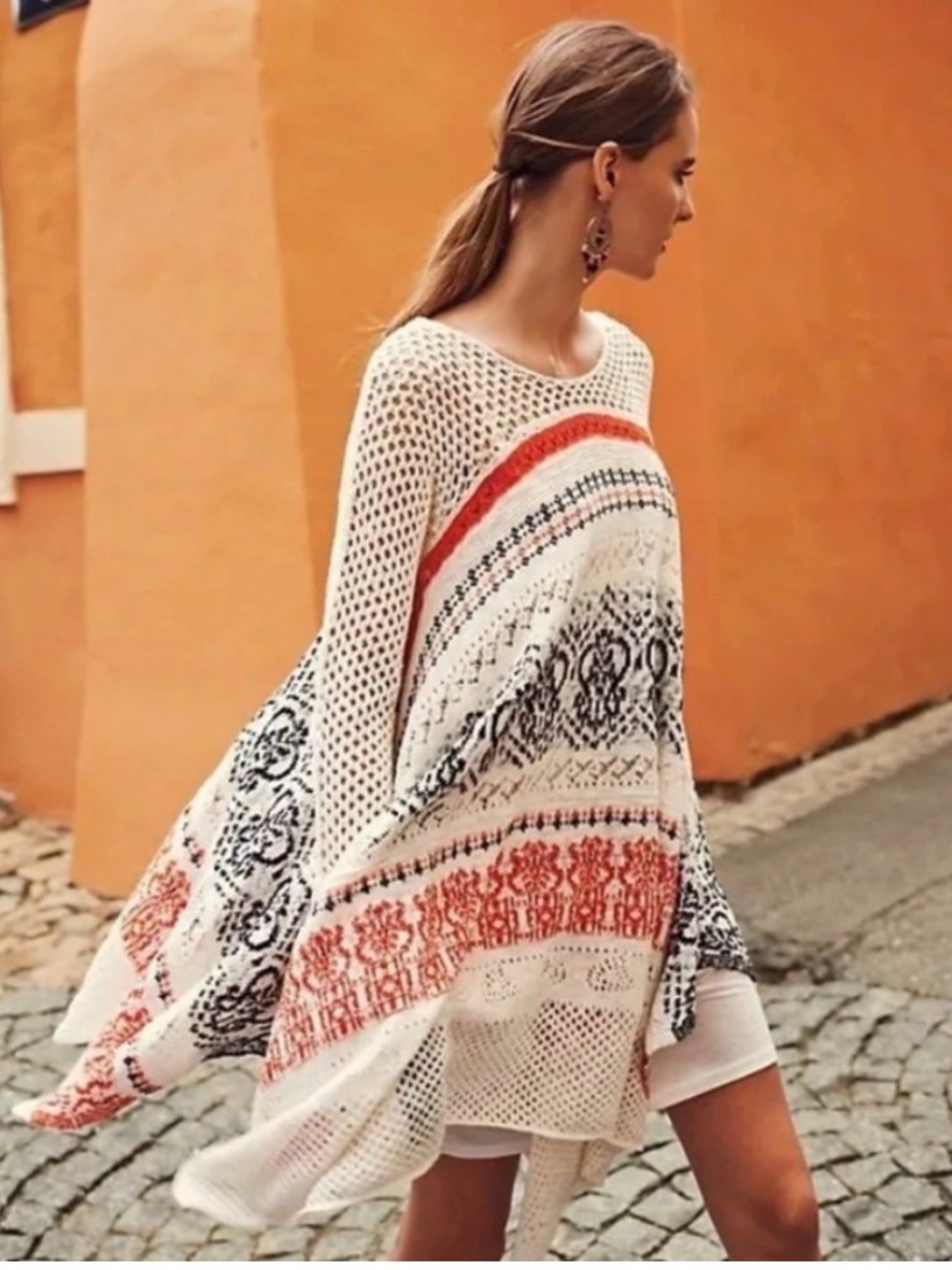 Anthropologie Ivory Crochet Dress with Orange & Black Motif